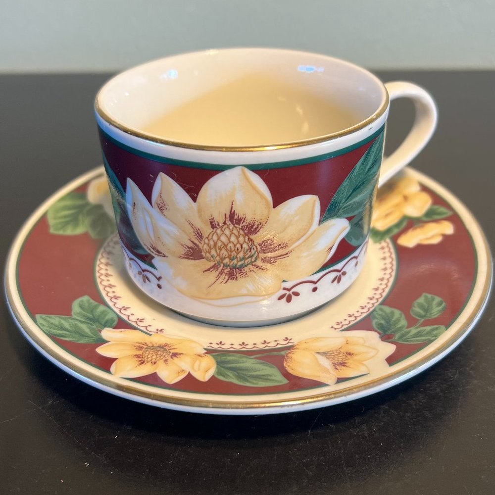 VTG Gibson Designs Sweet Magnolia Cup Saucer Set Gold Trim Maroon Floral Coffee